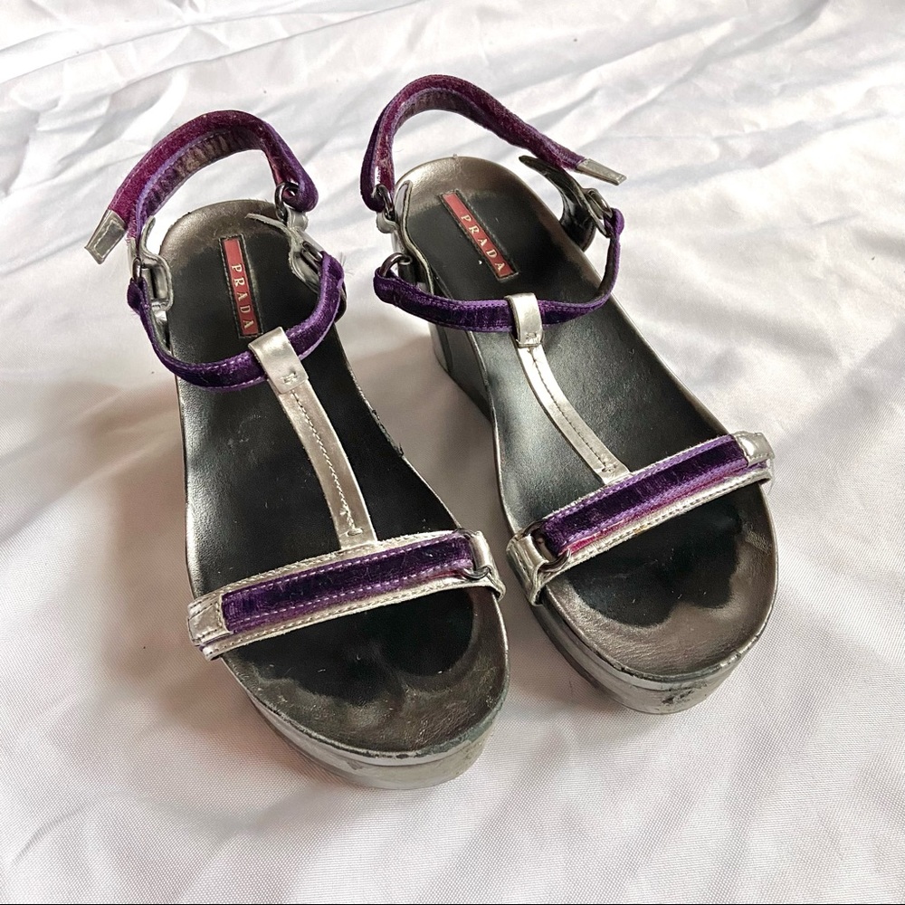 Y2K Silver and Purple Prada Platform Sandals